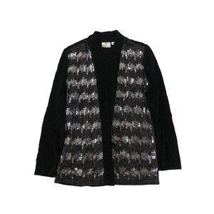 Chico's Cardigan Womens Size 1 Black  Sequin Embellished Open Front Slinky Knit